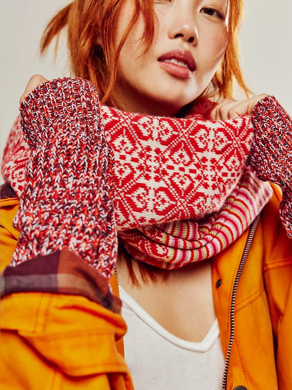 FP One Free People Sylvie Fairisle Loop Scarf Red Cream Striped Infinity Knit